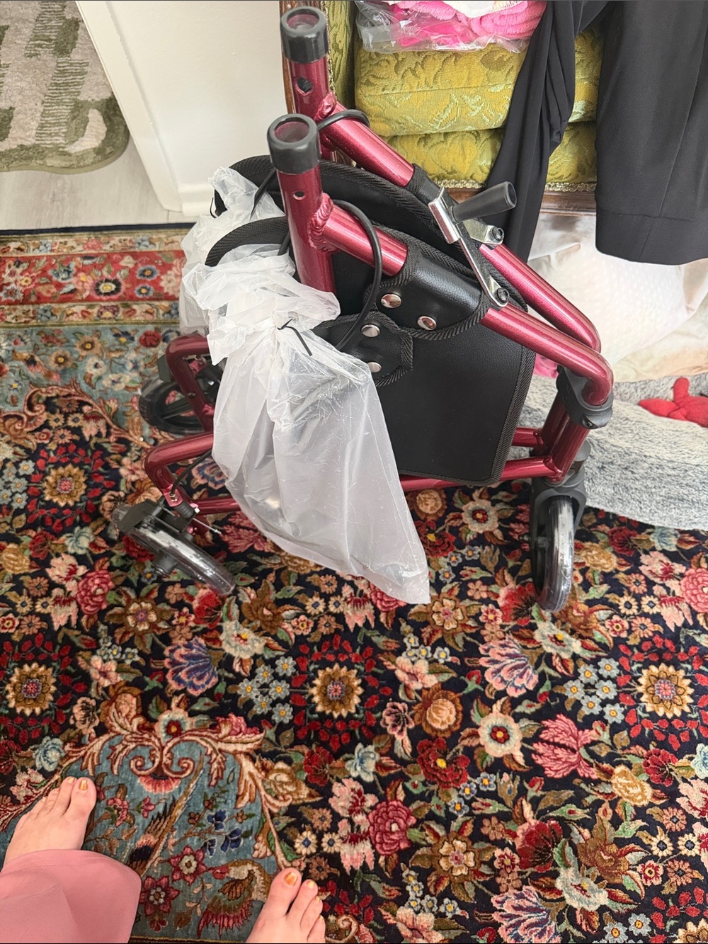 Compact Red Folding Walker with Seat and Storage